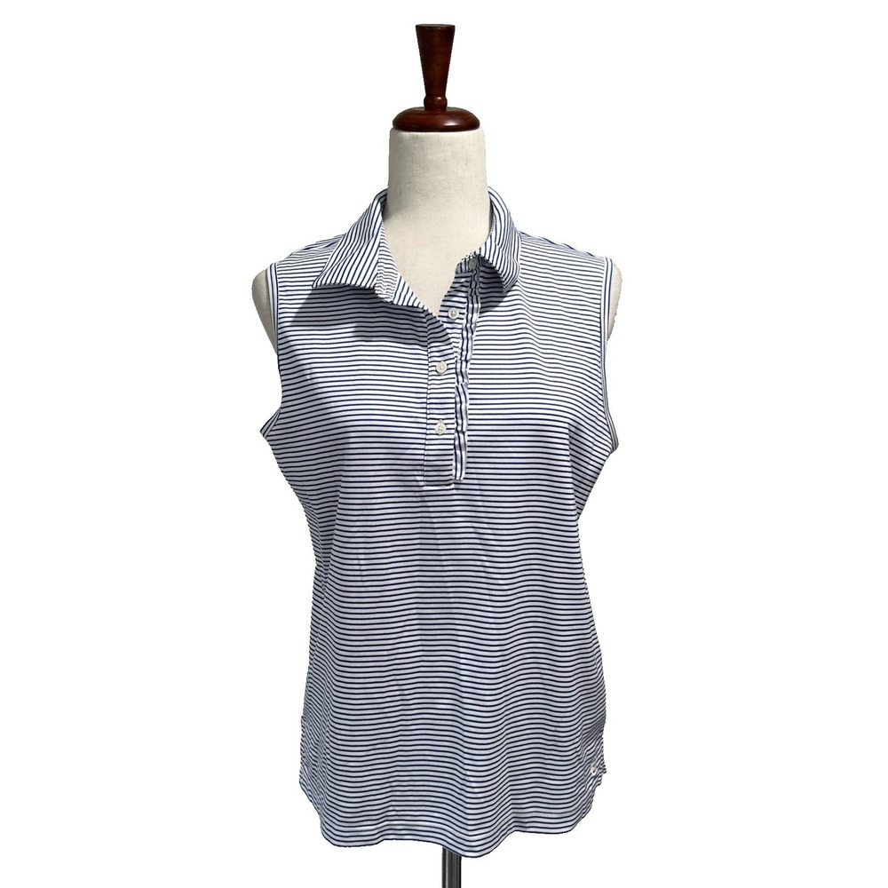 Tory Sport by Tory Burch Golf Shirt Large Sleeveless Polo Blue & White Striped